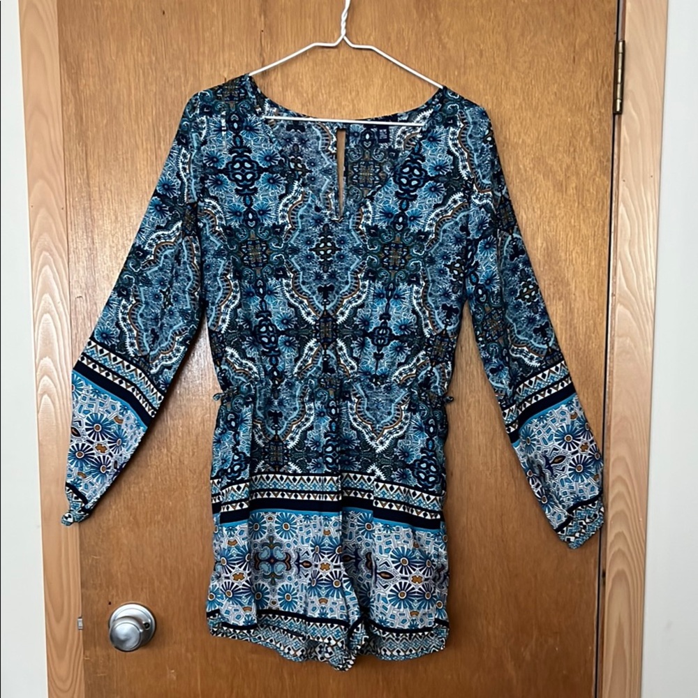 Blue Patterned Long Sleeve Romper